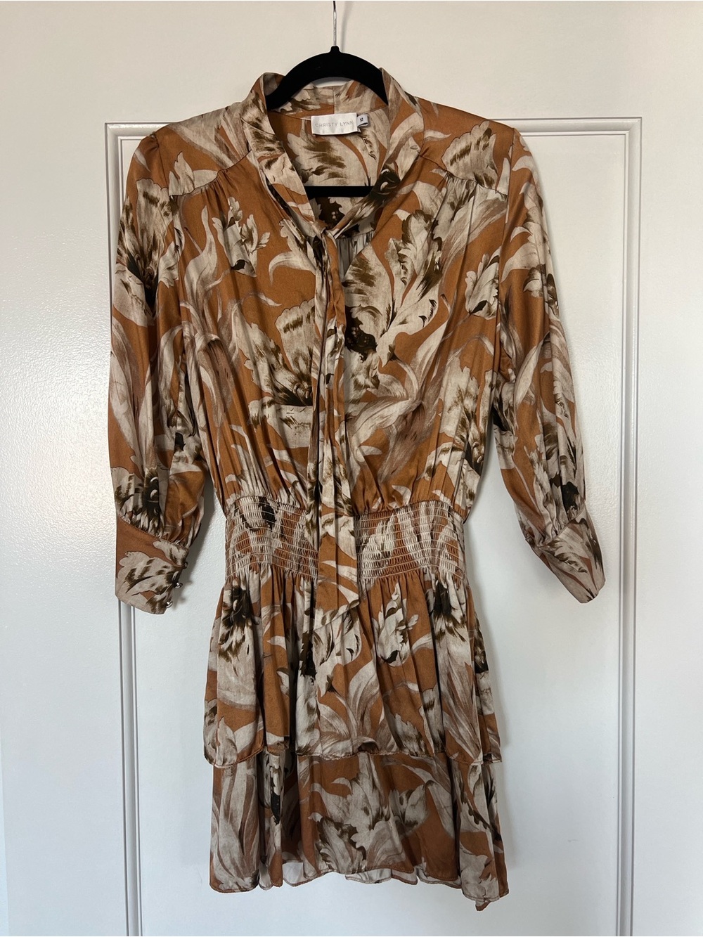 Floral Tie-Neck Smocked Mini Dress in Tan